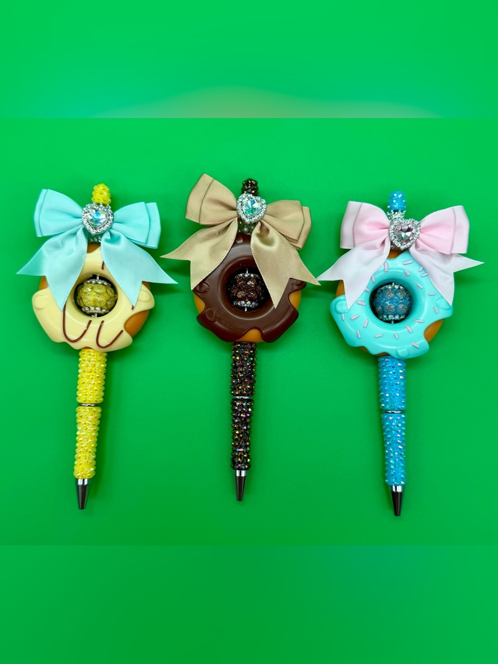 Hand Crafted Yellow, Brown, Blue Donut Bow Pens